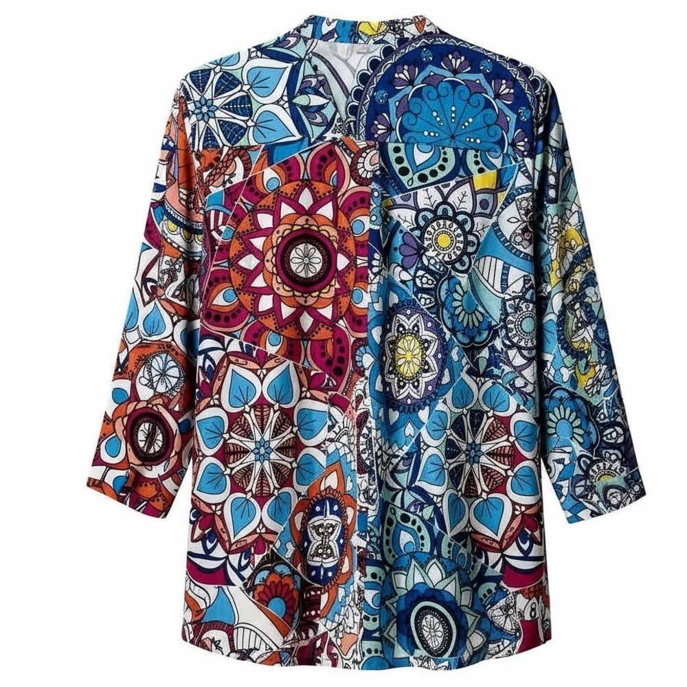 NEW Ali Miles Womens 2X Mandala Button‎ Front Tunic Blouse Multi Blue 3/4 Sleeve